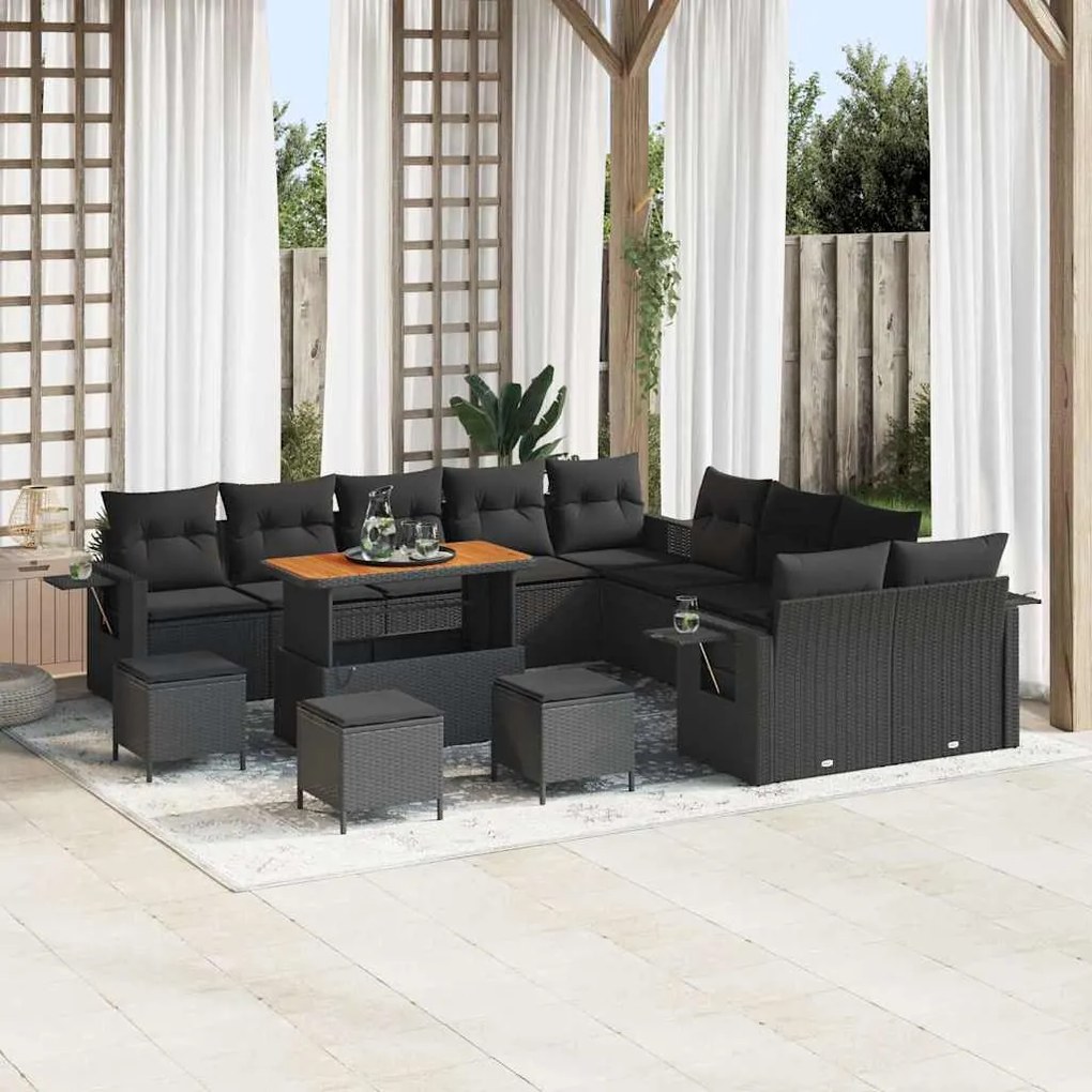 vidaXL Conjunto de Sofá de Jardim de 14 Peças com Almofadas de Rattan Sintético Preto e Acácia.