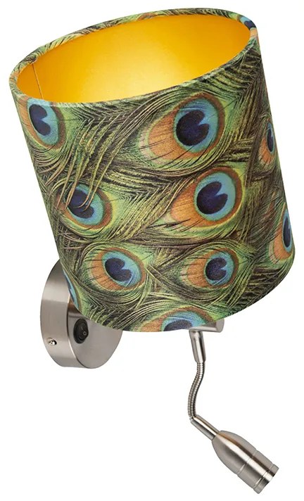 LED Candeeiro de parede moderno em aço com luz de leitura e abajur em veludo 20/20/20 Pavão - Dourado Moderno