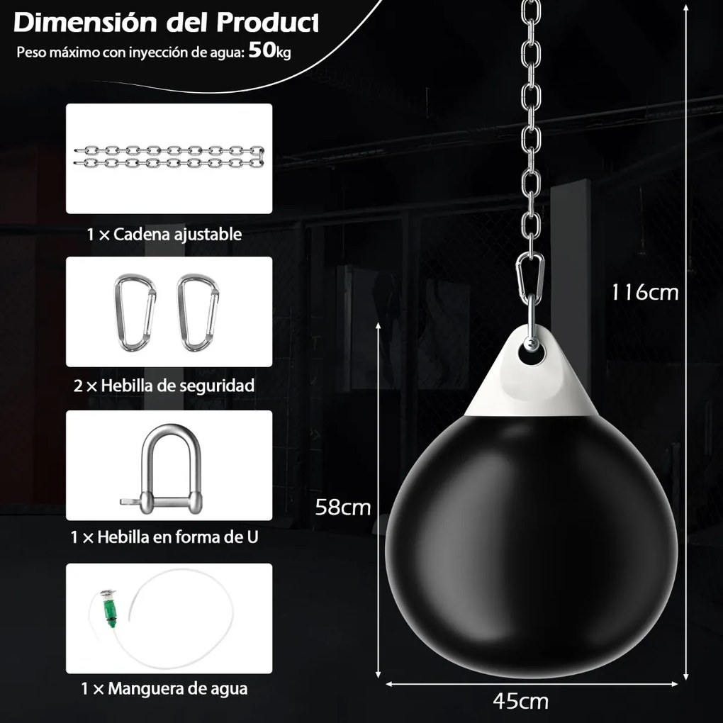 Saco de boxe com água 45cm 50kg Saco de pancadas pesado com corrente de metal ajustável para treino para adultos e crianças preto