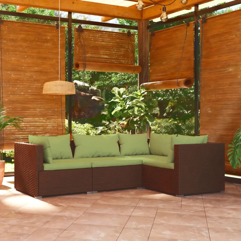 vidaXL 4 pcs conjunto lounge jardim c/ almofadões vime PE castanho