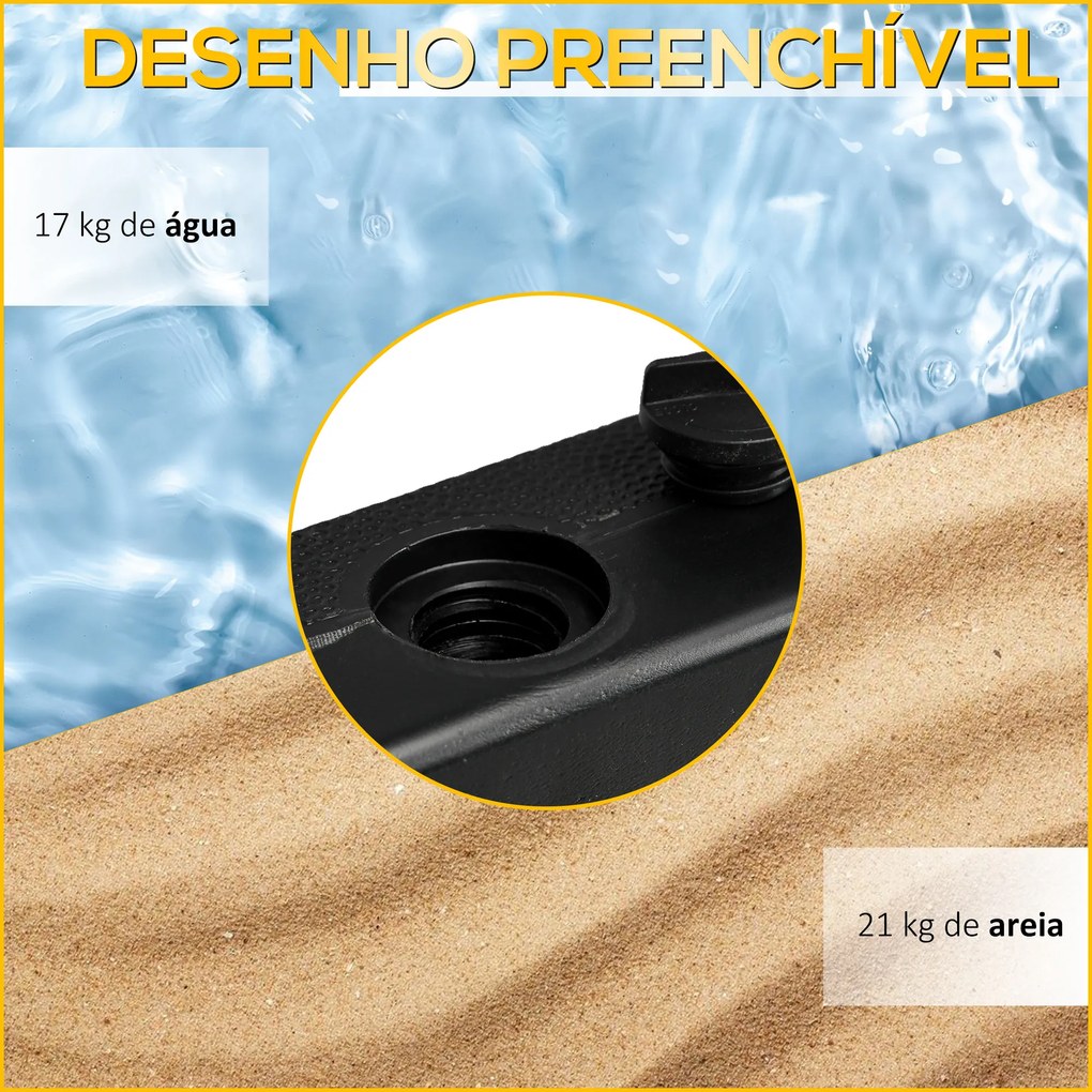 Base para Chapéu de Sol Quadrada Suporte para Chapéu de Sol Preenchível com Água 17kg ou Areia 21kg 45x45x40 cm Preto