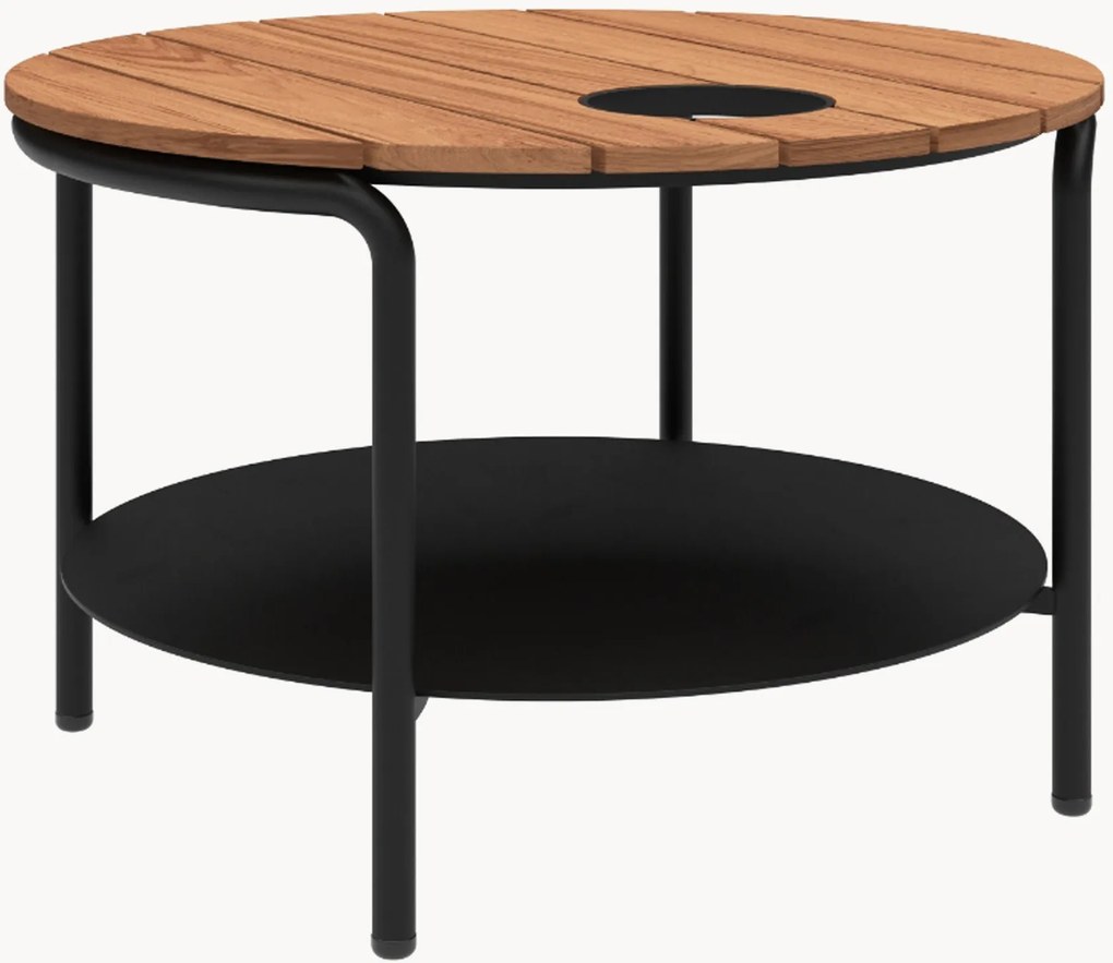 Mesa de centro redonda para jardim com tampo em madeira de teca e suporte para acessórios Patio