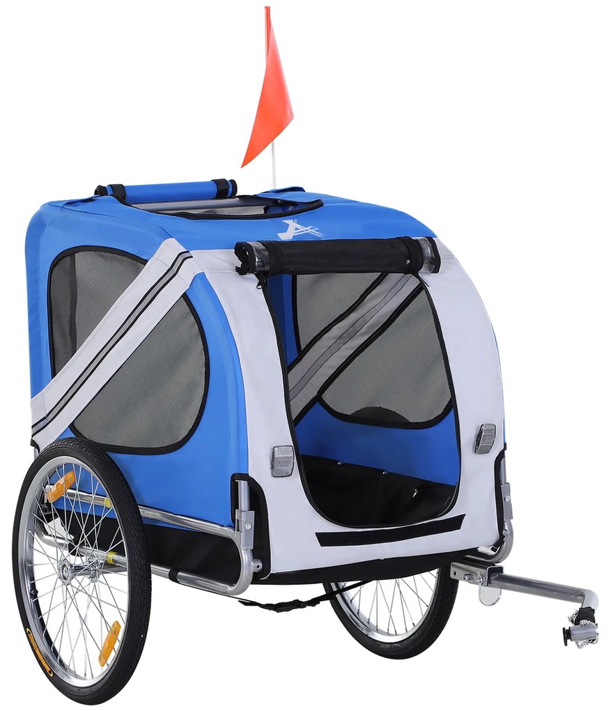 Pawhut Carripana de Bicicleta para Cão Animais 8 Refletores Bandeira Barra de Reboque Incluídos 130x73x90 cm Branco e Azul | Aosom Portugal