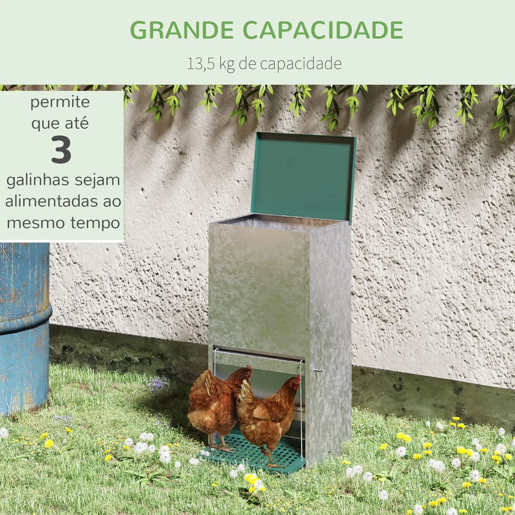 PawHut Comedouro para Aves de 24L de Capacidade Comedouro para Galinhas com Abertura Automática com Pedal 33,5x38,5x66cm Prata
