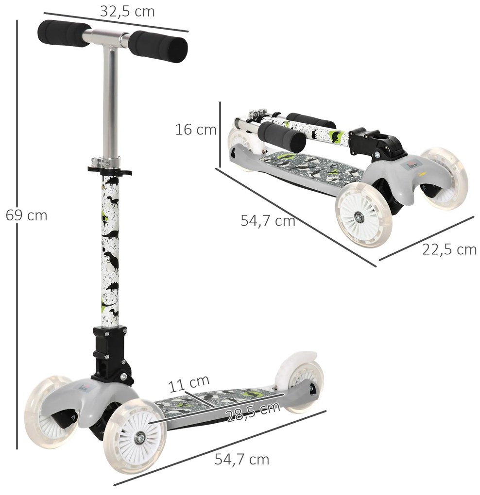 HOMCOM Trotinete para Crianças acima de 3 Anos Dobrável Trotinete com 3 Rodas com Luzes LED Guiador com Altura Ajustável e Freio Posterior Carga Máxima 50kg 54,7x32,5x59-69cm Cinza