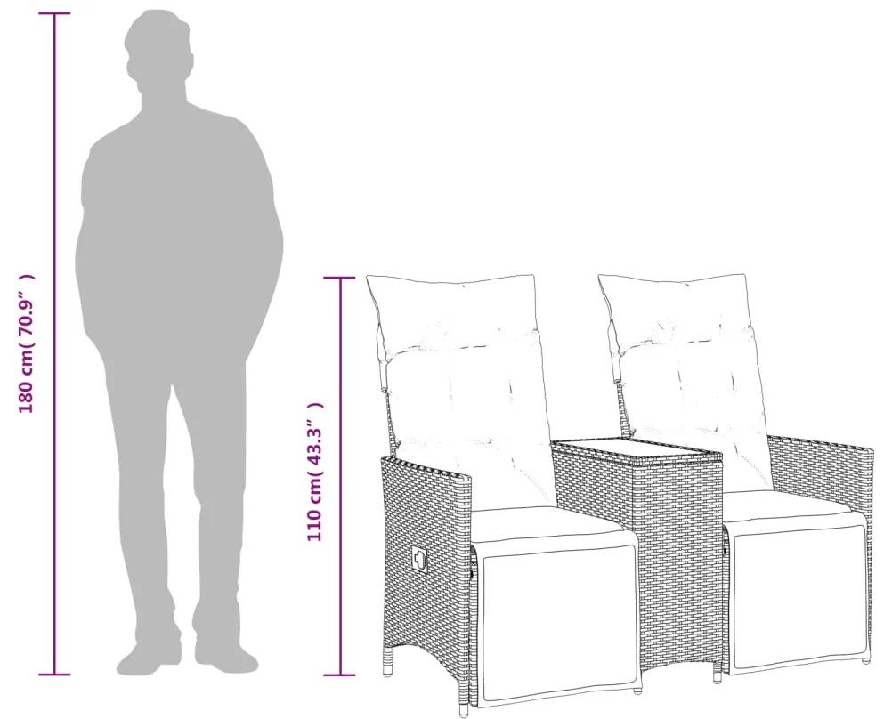 Sofá de jardim reclinável 2 lugares com mesa vime PE cinzento