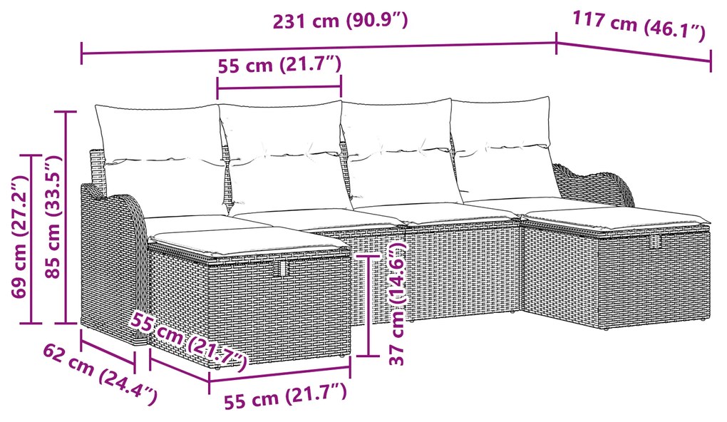 Conjunto de Sofá de Jardim de 6 Peças com Almofadas em Vime Cinza