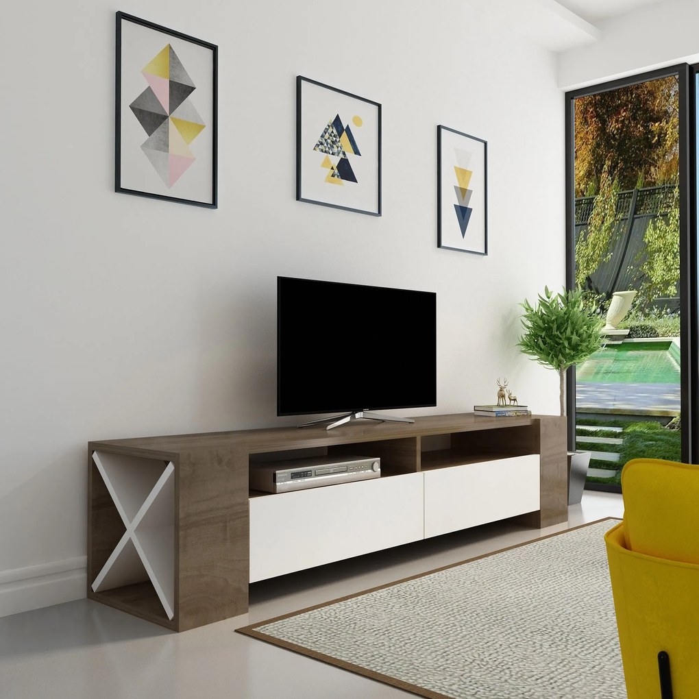 Móvel TV Sosruko – Nogueira/Branco – 155x35x35 cm