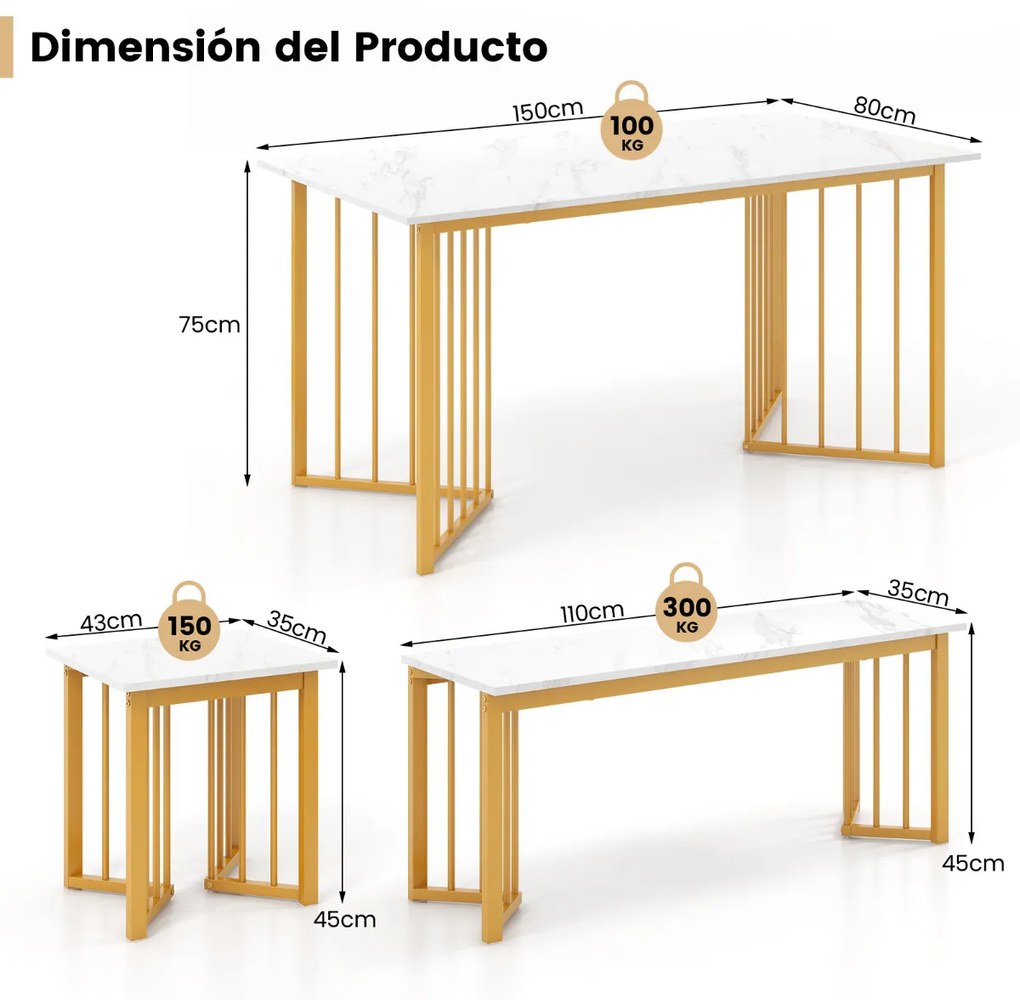 Conjunto de jantar 4 peças Mesa retangular com banco e 2 bancos Pernas de metal em grão de mármore Branco + dourado