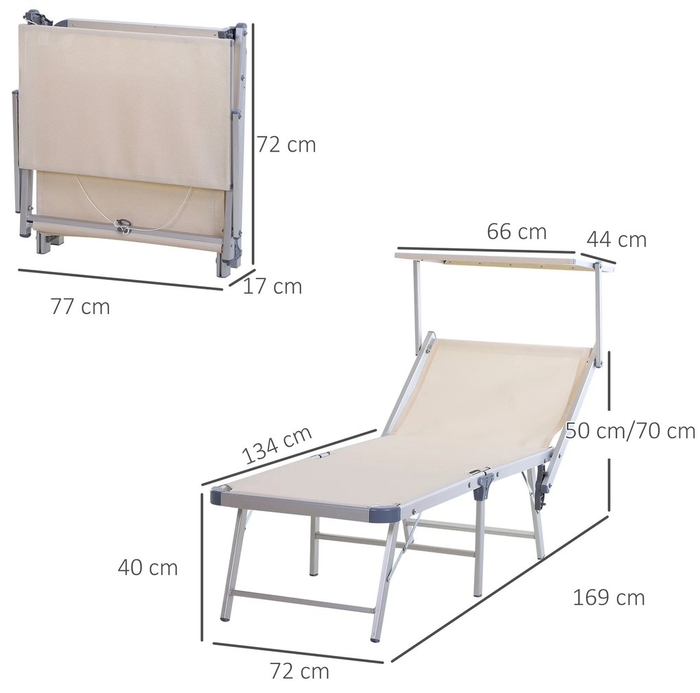 Espreguiçadeira Dobrável e Reclinável com Toldo – 169x72x55-72 cm | Es