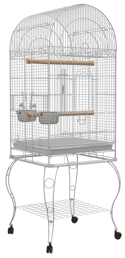 PawHut Gaiola para Pássaros com Rodas Bandeja Amovível Prateleira 2 Comedouros de Aço Inoxidável e Poleiro 51x51x153 cm Branco | Aosom Portugal