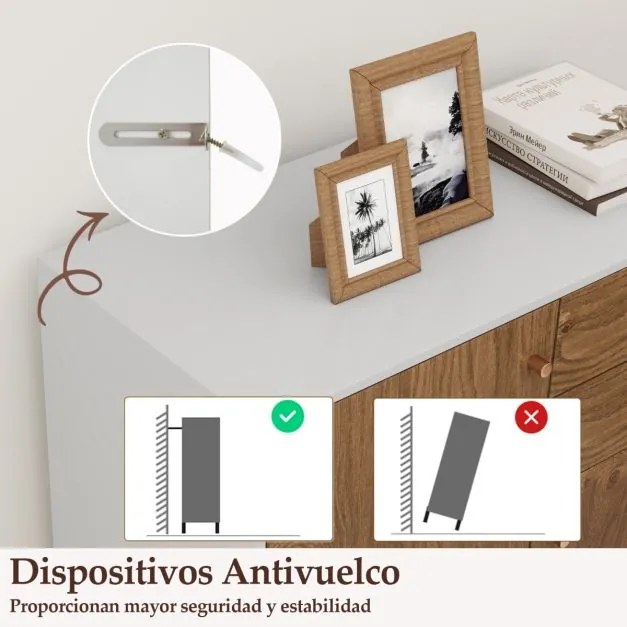 Aparador armário para cozinha ou sala 74 x 35 x 85,5 cm com 2 gavetas, 2 portas e 3 prateleiras ajustáveis, estilo rústico moderno Natural+Branco