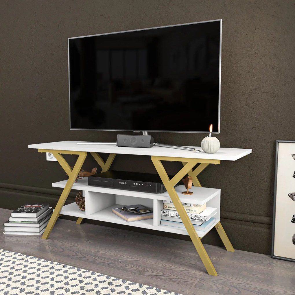 Móvel TV Minerva – Dourado e Branco – 120x35x55 cm