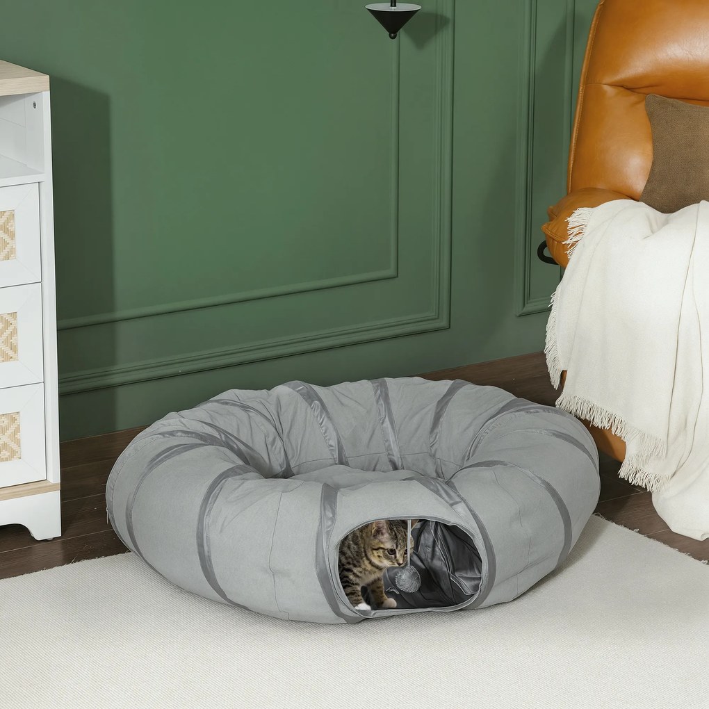 Túnel redondo para gatos de interior com cama e almofada, dobrável, com orifícios para bolas e mirilhão, Ø 90 x 27 cm, cinzento