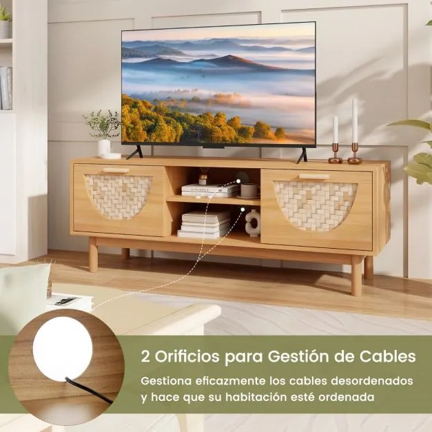 Móvel para TV 55'' Mesa de consola 55'' com prateleiras abertas Gavetas em tecido de bambu Pernas em madeira maciça para o quarto Natural