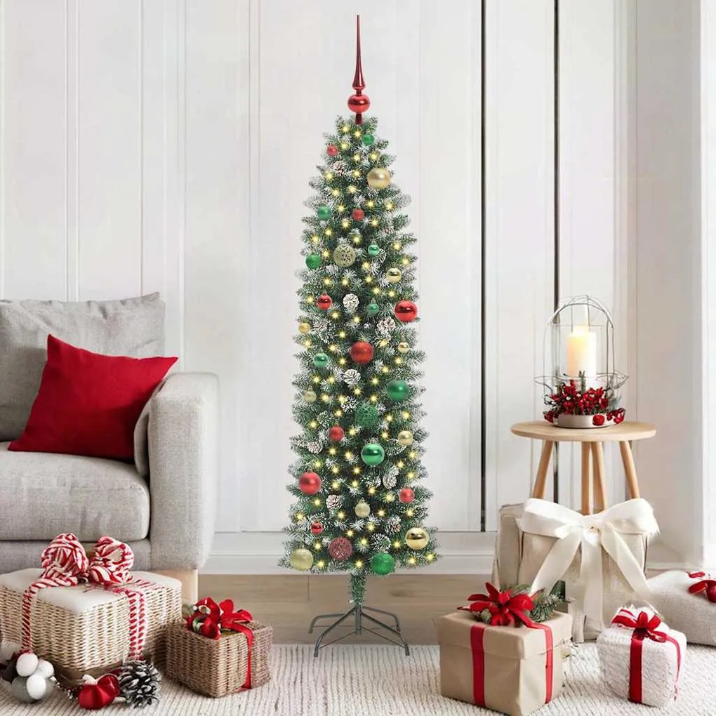 vidaXL Árvore Slim de Natal Artificial Verde e Branco 150 cm