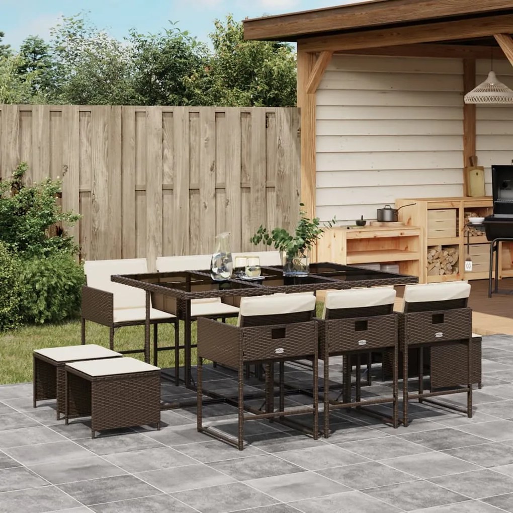 11 pcs conjunto jantar p/ jardim c/ almofadões vime PE castanho