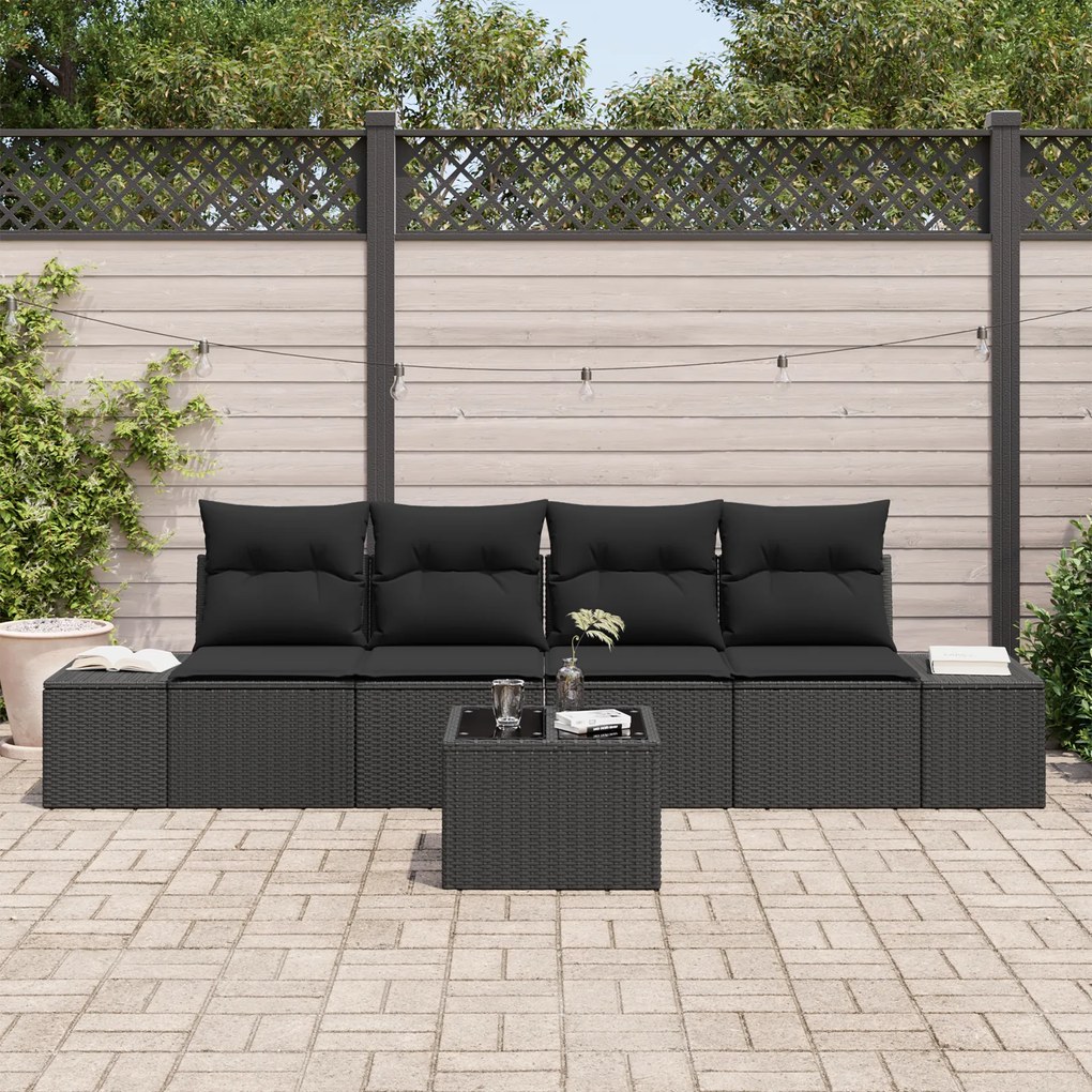 Conjunto de Sofá de Jardim de 5 Peças com Almofadas Preto Polirattan