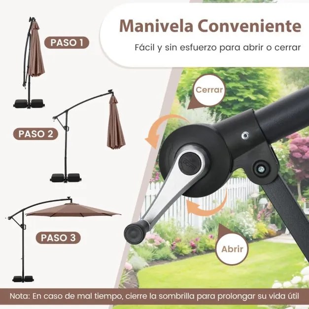Guarda-sol 300 x 260 cm com base, iluminação LED, 9 modos, ajuste fácil da inclinação, rotação de 360° Café