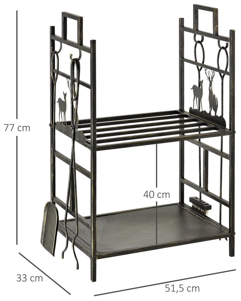 Suporte para Lenha de Ferro Forjado de 2 Níveis com 4 Ferramentas para Interior e Exterior 51,5x33x77 cm Preto e Dourado