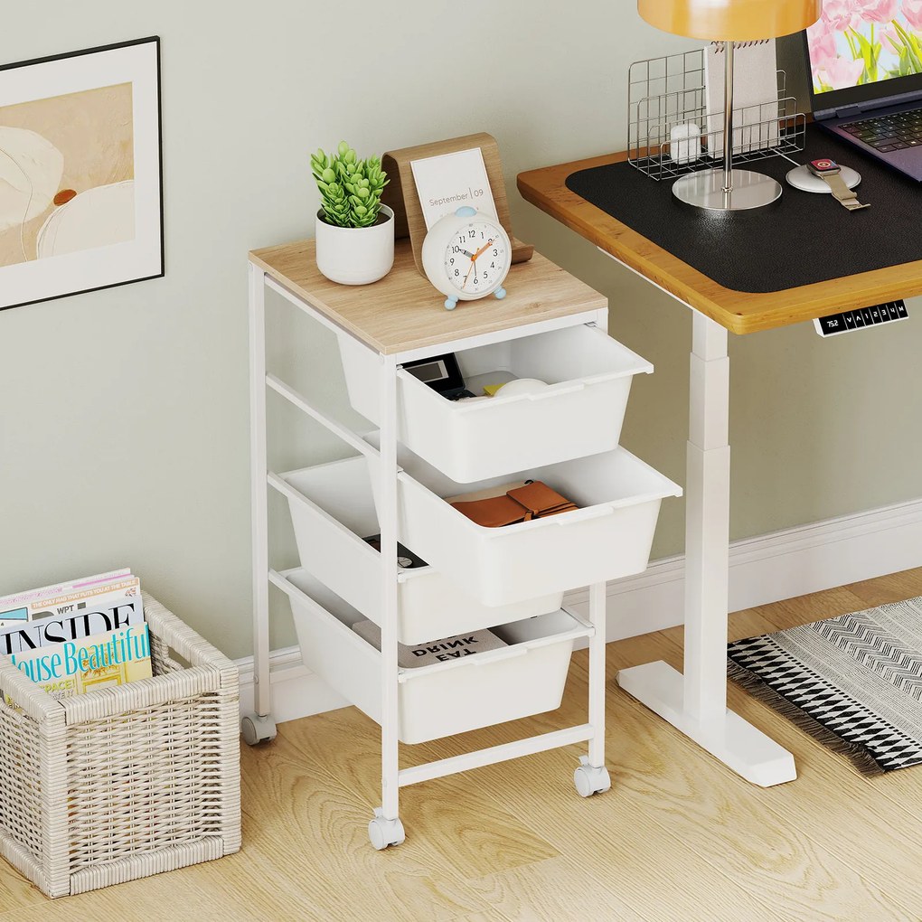 Carrinho Organizador com 4 Gavetas, 32,5 x 37 x 71 cm, Rodas com Travão, Branco