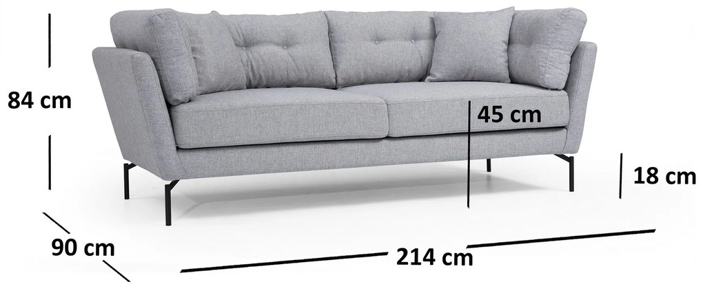 Sofá de 3 Lugares Mapa – Cinzento – 214 x 90 x 84 cm