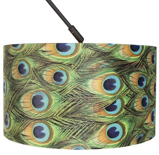 Candeeiro de suspensão preto com abajur de veludo azul-pavão com dourado 35 cm - Blitz