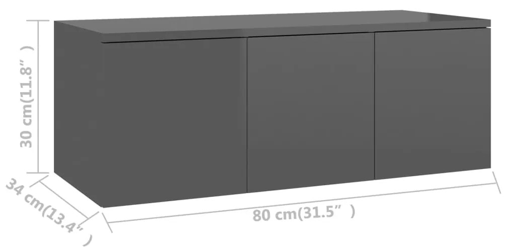 Móvel de TV 80x34x30 cm contraplacado cinzento brilhante