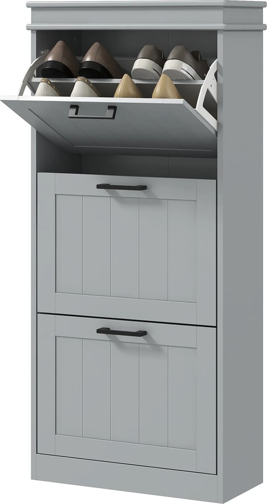 Sapateira, com 3 portas basculantes 54 x 24 x 117,5 cm, capacidade para 15 pares, prateleiras ajustáveis, cinzento