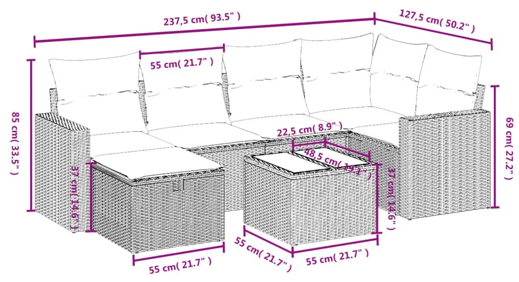 7 pcs conj. sofás jardim com almofadões vime PE cinzento-claro