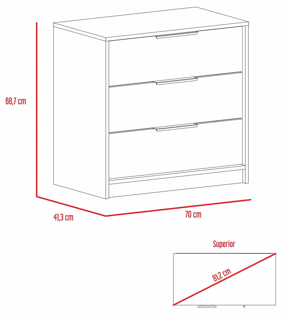 Cómoda de 3 gavetas Kaia, 68,7 cm a x 70 cm e x 41,3 cm P. branco/cinza