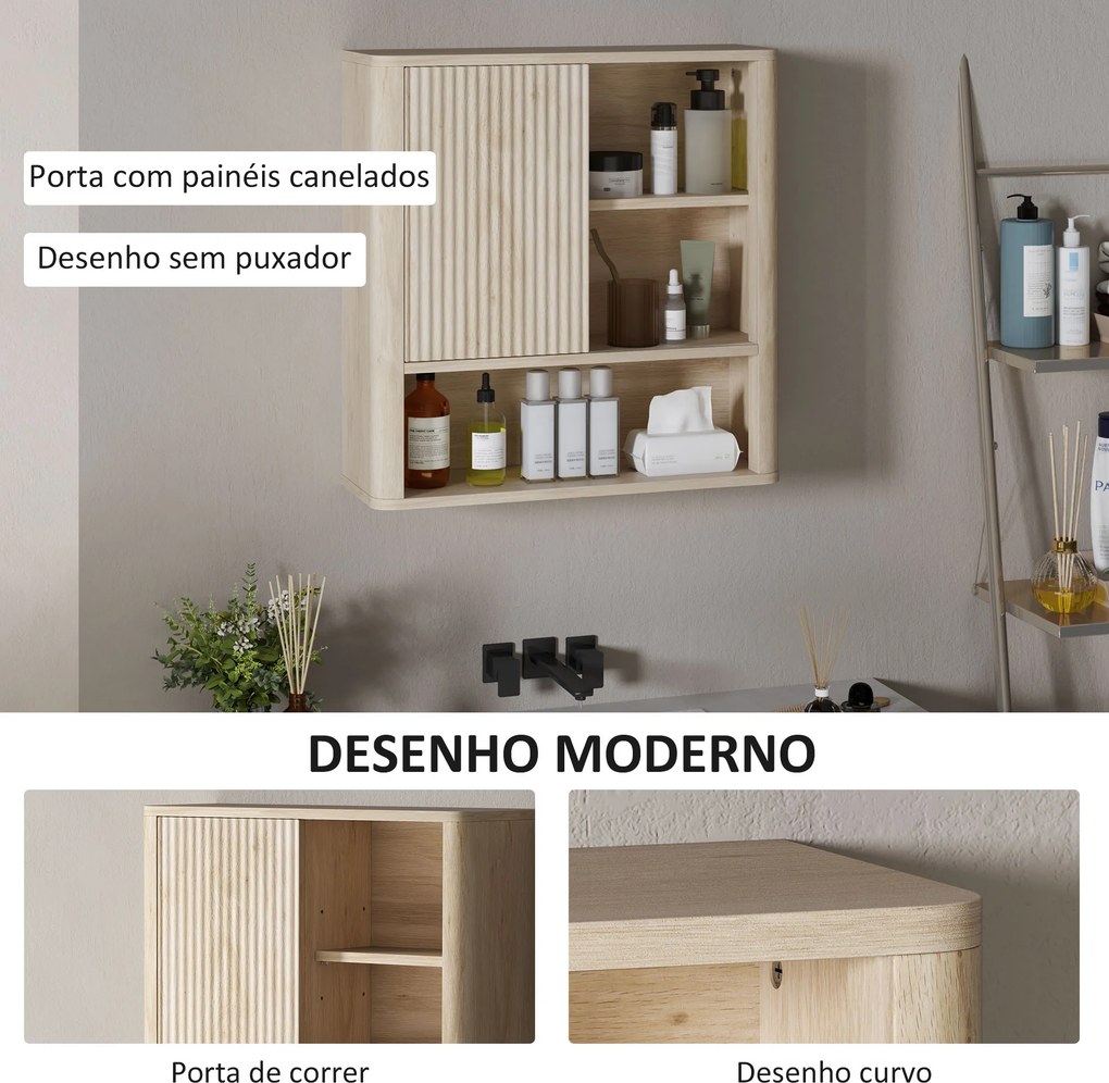 Armário de Casa de Banho de Parede com Prateleiras Ajustáveis Porta Deslizante e Compartimentos  60x20x62 cm Madeira