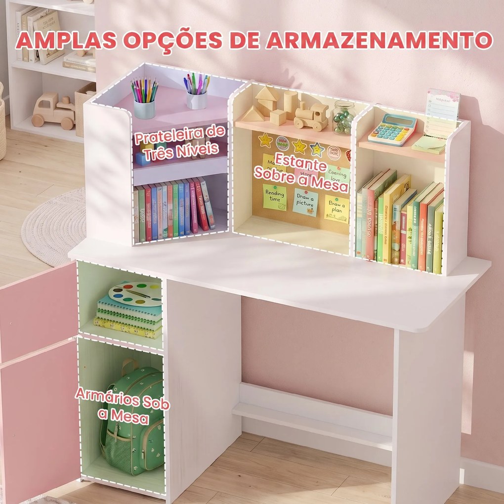 Secretária Infantil com Cadeira, Suporte Ajustável para Tablet, Porta-lápis, Quadro de Cortiça, Estantes e Armários, Rosa