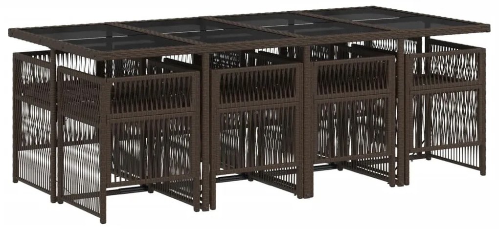9 pcs conjunto jantar p/ jardim c/ almofadões vime PE castanho