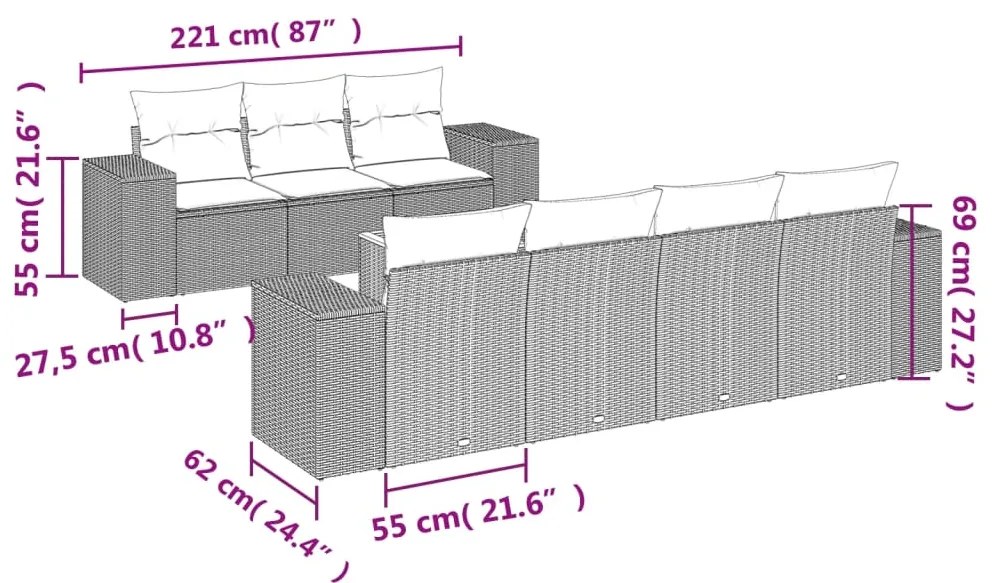 8 pcs conjunto sofás de jardim c/ almofadões vime PE cinzento