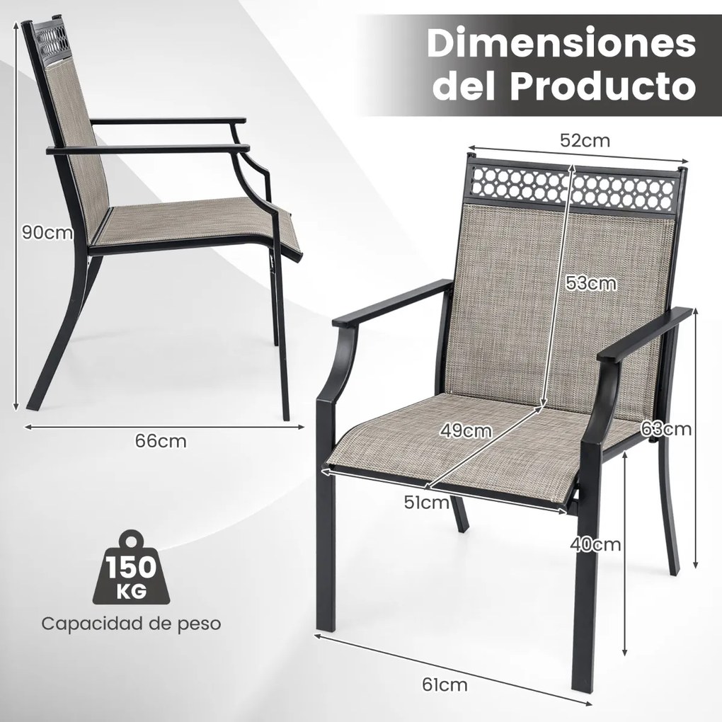 Conjunto de 2 cadeiras de jardim (mesa não incluída) em Textilene Estrutura metálica com encosto alto e apoios de braços Tecido de secagem rápida Capa