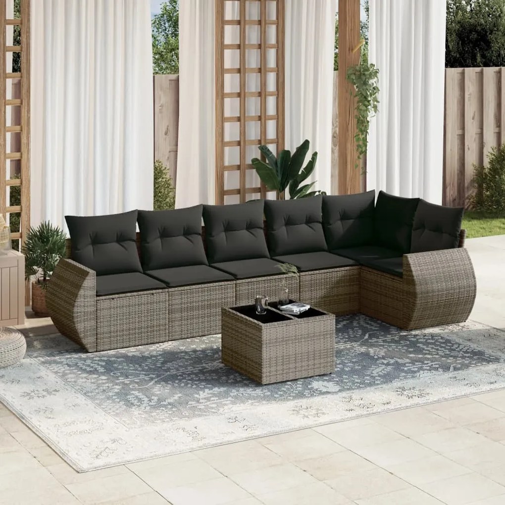 7 pcs conjunto sofás p/ jardim c/ almofadões vime PE cinzento