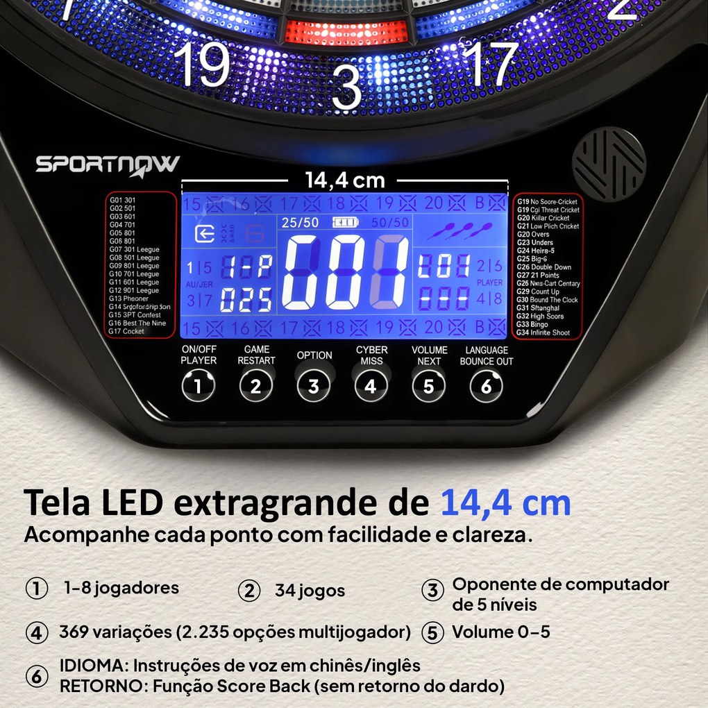 Alvo Eletrónico com 6 Dardos e 24 Pontas Macias Ecrã LED 34 Jogos e 2235 Programas 60,5x45,5x3,6 cm Multicolor