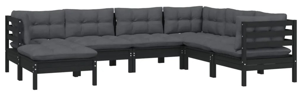 7 pcs conjunto lounge jardim c/ almofadões pinho maciço preto