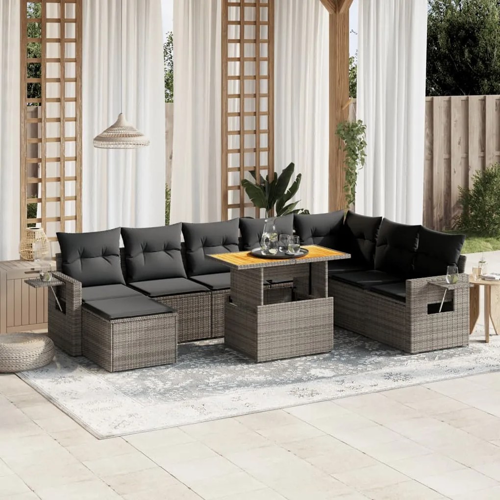 9 pcs conjunto sofás p/ jardim com almofadões vime PE cinzento