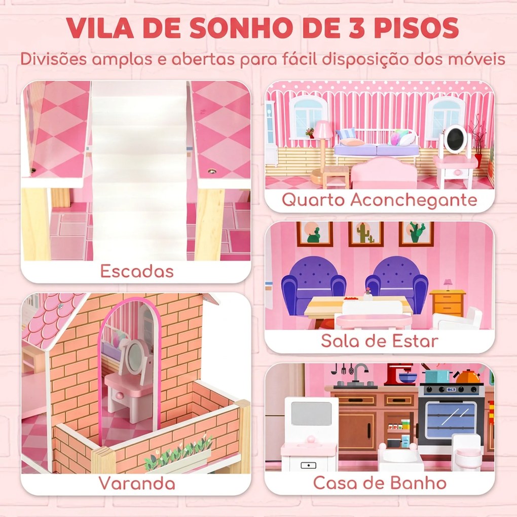Casa de Bonecas de Madeira com 3 Andares, Varanda, Escadas e 10 Móveis, Brinquedo de Faz de Conta para Crianças 3-6 Anos, Rosa