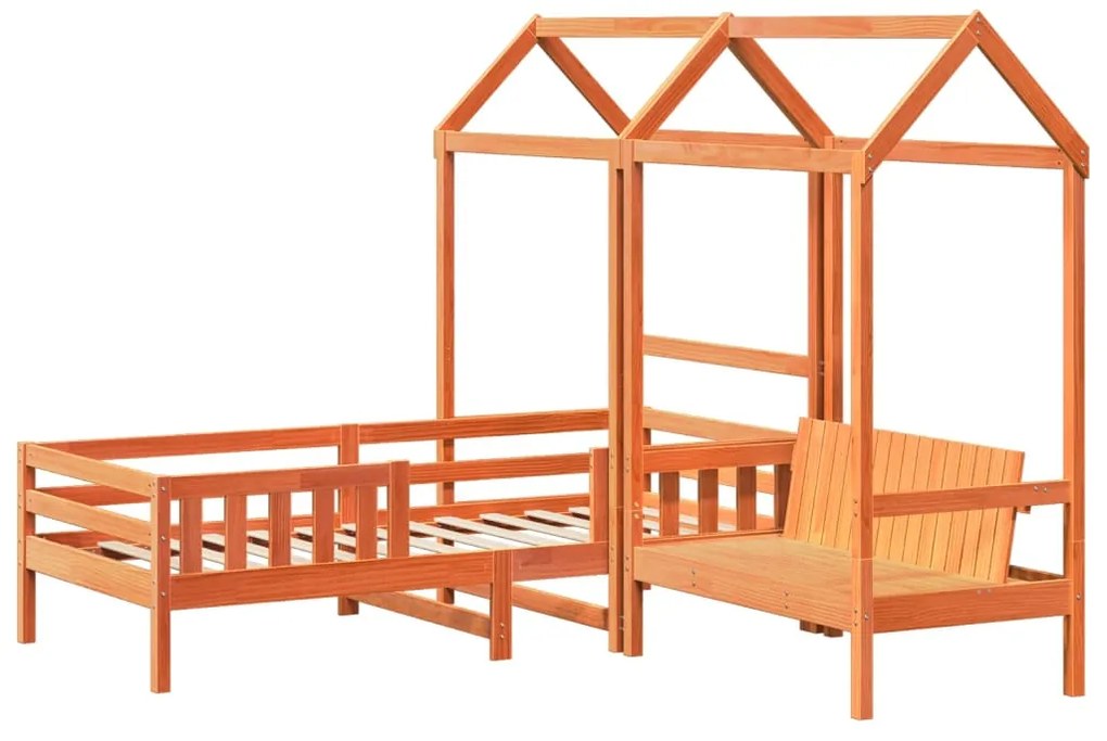 Conj. de cama e banco c/ telhado 90x200 cm pinho castanho-mel