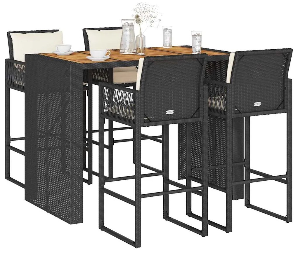 vidaXL 5 pcs conjunto de bar jardim c/ almofadões vime PE/acácia preto