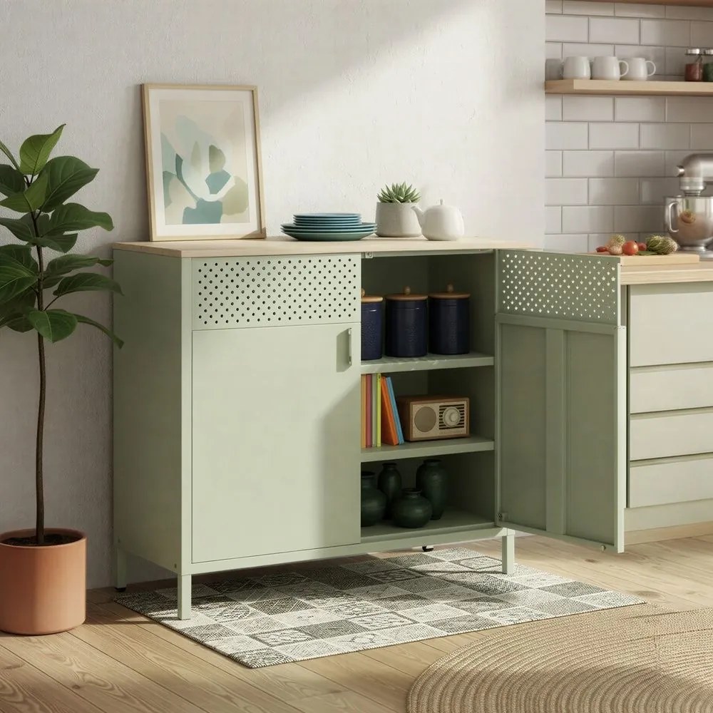 Armário de arrumação cozinha, sala, escritório em aço 40 x 80 x 76 cm verde-louro e tom de carvalho natural