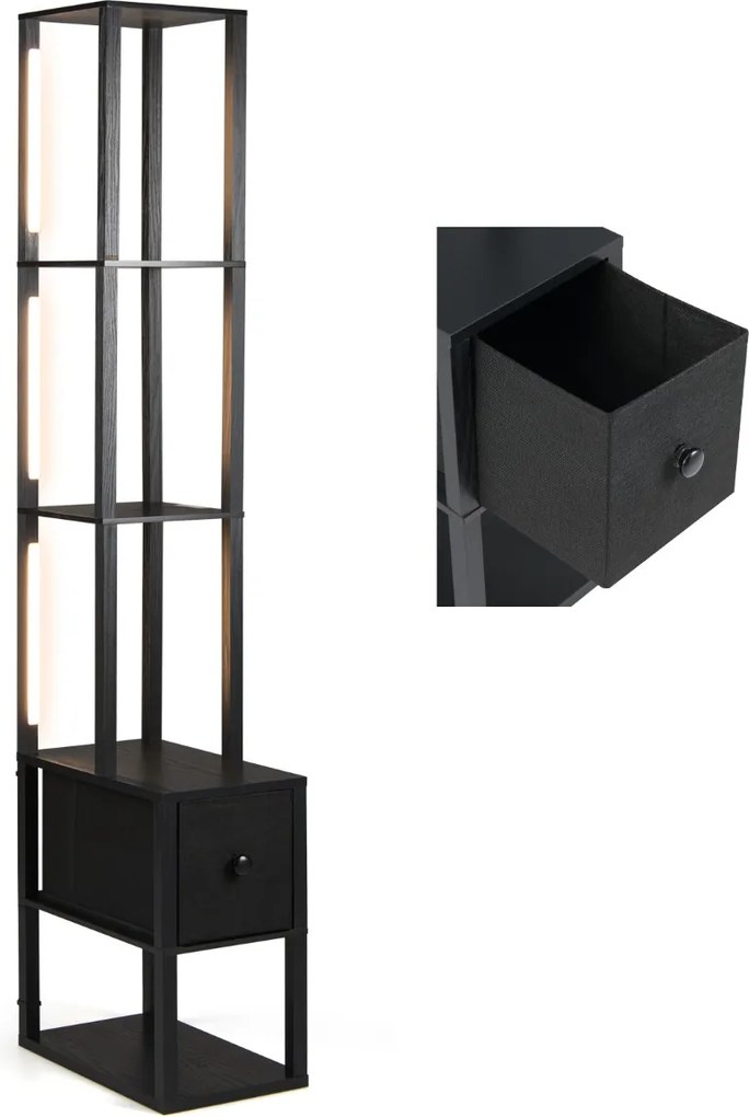 Candeeiro de pé moderno com prateleiras e gaveta Mesa auxiliar com brilho ajustável para sala de estar, quarto, escritório, casa Preto