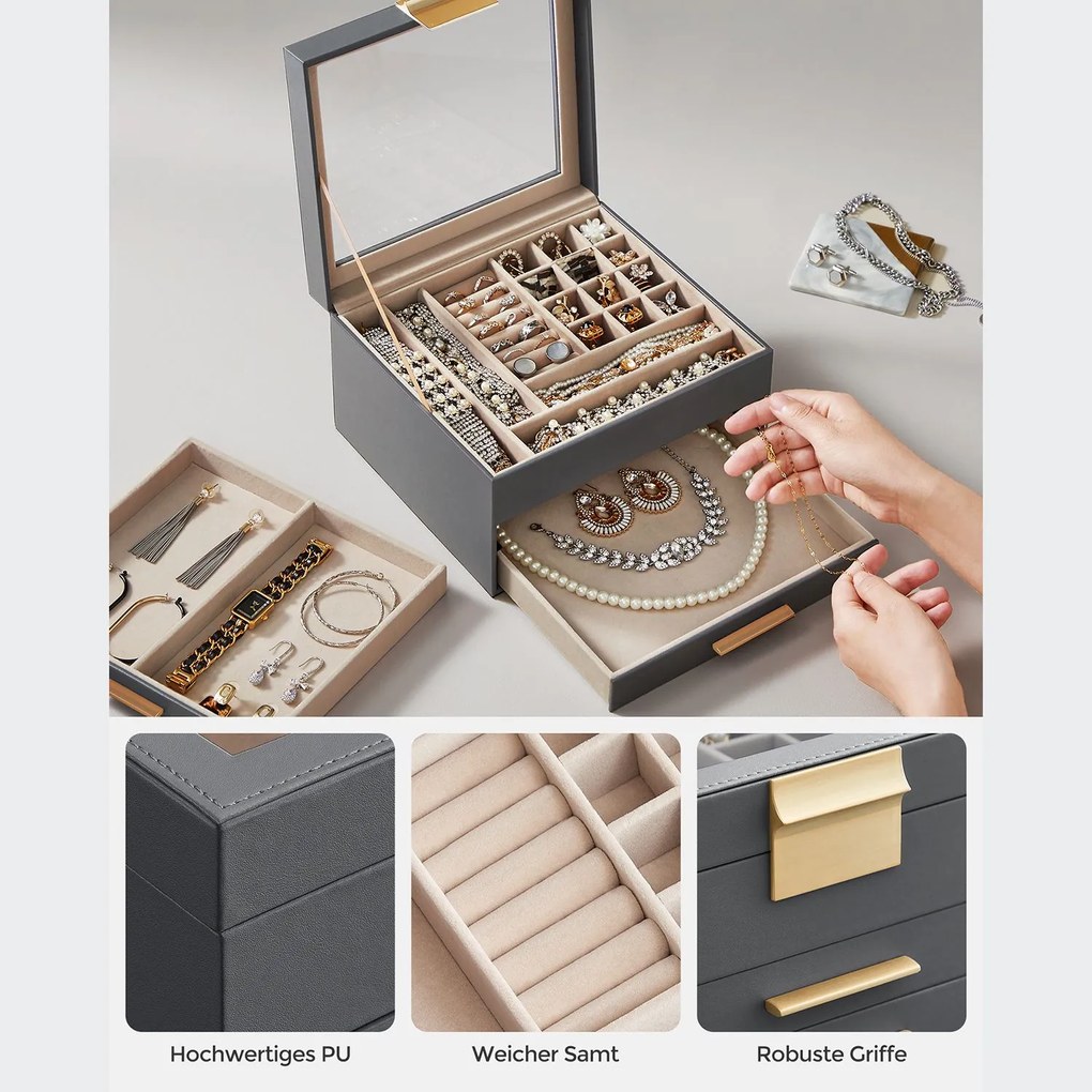 Caixa de jóias com 3 níveis 20,3 x 23,1 x 13,5 cm cinzento + dourado