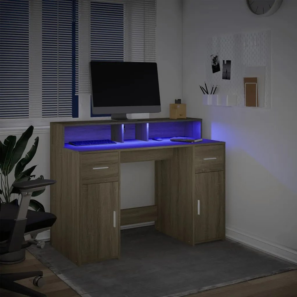 Secretária luzes LED 120x55x91cm deriv. madeira carvalho sonoma