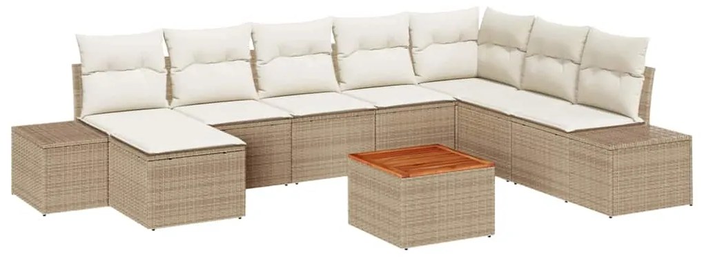 Conjunto de Sofá de Jardim 9 Peças com Almofadas Beiges em Rattan Poli