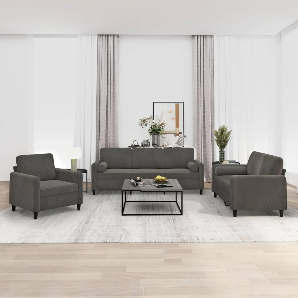 vidaXL 3pcs conjunto sofás c/ almofadas/almofadões veludo cinza-escuro