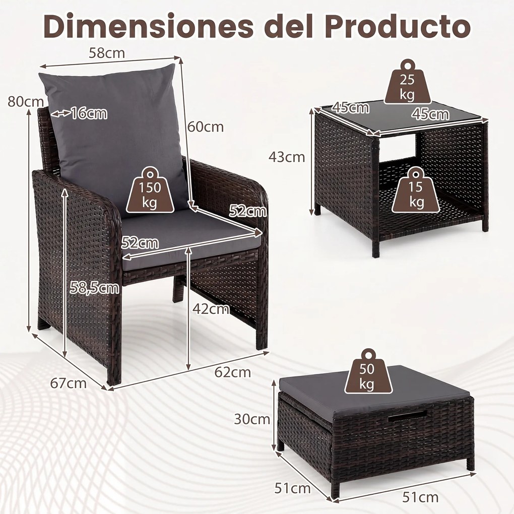 Conjunto de 5 Peças de Mobiliário de Jardim, 2 Cadeiras, Mesa e 2 Apoios para os Pés, 45,5 x 45,5 x 43 cm, Rattan PE Resistente, Cinzento